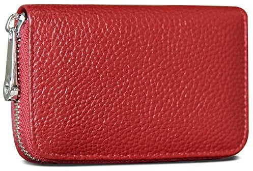 GADIEMKENSD Credit Bank Card Holder RFID Blocking Genuine Leather Mini Credit Card Wallet Purse with Zipper Womens Small id Compact Slim Blocked Zip Accordion Case Wallets for Women Men (Wine Red)