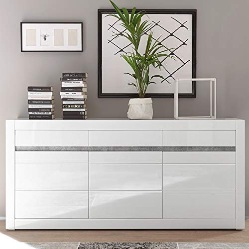 Lomadox Sideboard Weiss Hochglänzend modern mit Griffmulden in Betonoptik Breite: 217cm