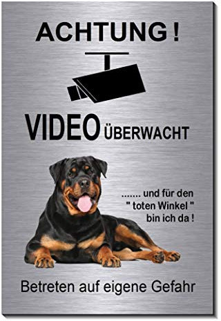 Rottweiler-Video-Überwachung-Hund-15 x 10 cm-Schild-Hundeschild-Aluminium Edelstahloptik-Hunde-Tierschild-Warnschild-Hinweisschild (1905-74 mit Löcher)
