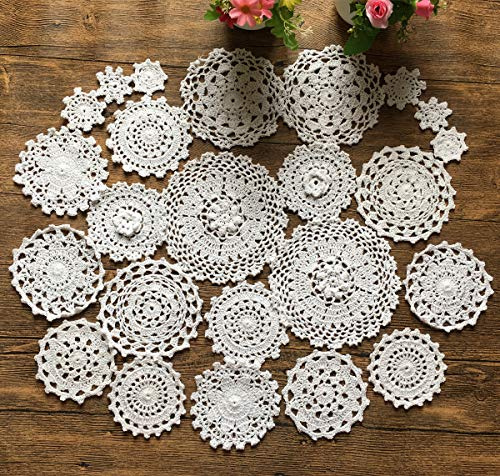 MINDPLUS Set mit 24 Handgehäkelten Deckchen Baumwolle Spitze Tischset Mini-Deckchen Untersetzer 5–18 cm Rund Weiß Vintage-Hochzeit Teeparty (24 Stück Weiß)