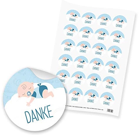 itenga Motiv Baby auf Wolke Hellblau Pastell für Jungen Gast Geschenk Geburt Taufe 1. Geburtstag (24 Motivsticker mit Text Danke)
