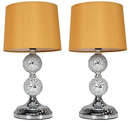 MiniSun | Pair of - Modern Decorative Chrome & Mosaic Crackle Glass Table Lamps with a Mustard Shade - Complete with 4w LED Bulbs [3000K Warm White] | Table Lamps & Home Improvements Essential
