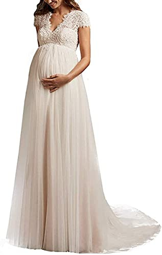 DUMOO Robe de mariée de grossesse - Col en V - Dentelle - Grandes tailles avec traîne