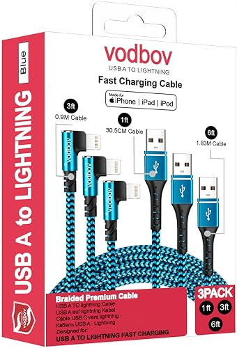 VODBOV iPhone Charger 3Pack 1FT 3FT 6FT Right Angle Lightning Cord MFi Certified Cable Nylon Braided USB Charging Wire Blue