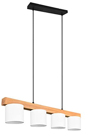 Reality Leuchten Pendelleuchte Cameron R30654001, Metall Schwarz matt, Stoffschirm weiß, Holz, exklusiv 4x E14