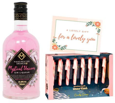 Manchester Gin Mystical Unicorn Flavoured Gin Liqueur Gift Set with 12 Pack Candy Canes and Greeting Card - Alcohol Gift Set, Gin Gifts for Women, Christmas Gifts for Women, Christmas Gifts for Mum