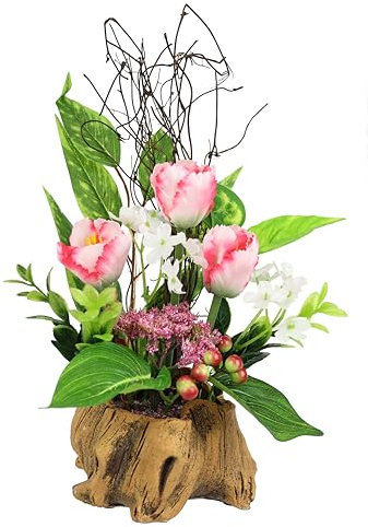 Gesteck aus Tulpen und Beiwerk im Topf in Holzoptik Künstliches Unechte Gefälschte Tulpe Reisig Deko Kunst-Blumen Osterdeko Frühjahrsdekoration Tischdeko Frühjahr Floristik Blumendeko künstlich