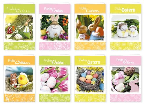 Osterkarten mit Umschlag Set 10 Stück | Grußkarten für Ostern, 8 verschiedene Motive | Osterhase Frühjahr Klappkarte Ostergrüße, BasicLine 11,5x17,5cm