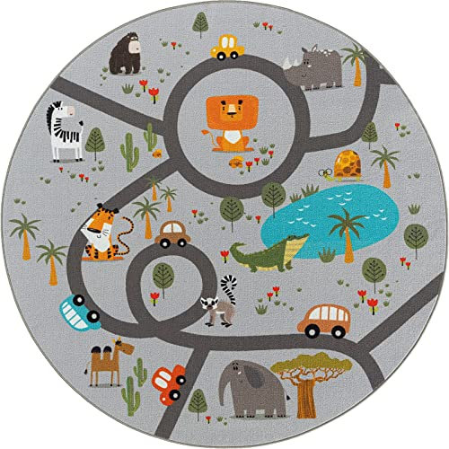 the carpet Happy Life Kinderzimmer, Kinderteppich, Spielteppich, Straßenteppich, Straße, Dschungel, Tiere, Auto, Grau, 160 cm Rund