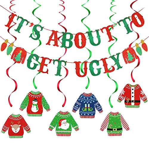 Rot Grün It's About To Get Ugly Banner und Grinch Hängende Wirbel für Grinch Weihnachten Ugly Party Supplies
