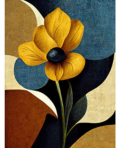 Wee Blue Coo Blue Mustard Ochre Copper Autumnal Abstract Stem Flowers Painting Unframed Wall Art Print Poster Home Decor Premium