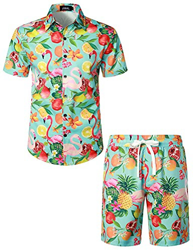 JOGAL Herren Hawaii Hemd Männer Flamingo Kurzarmhemd und Kurze Hose Set Strand Outfit Sommerhemd Für Mann Grün Frucht Flamingo X-Large