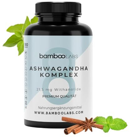Bamboo Labs - Ashwagandha avec Extrait Sec de Withania Somnifera, Favorise l'Apparition du Sommeil, le Bien-être Intellectuel et Physique, 180 Gélules d'Aswaghanda Pendant 6 Mois.