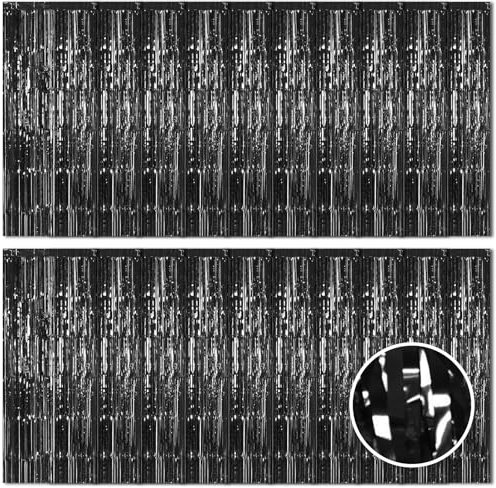 Ohiyoo 20 Stück Schwarz Lametta Vorhänge 1 x 2.5M Tinsel Curtain Folien Fransen Metallic Lametta Vorhange Schwarz für Geburtstag Partydekor Verlobung Hochzeit Weihnachten Neujahr Dekoration (Schwarz)
