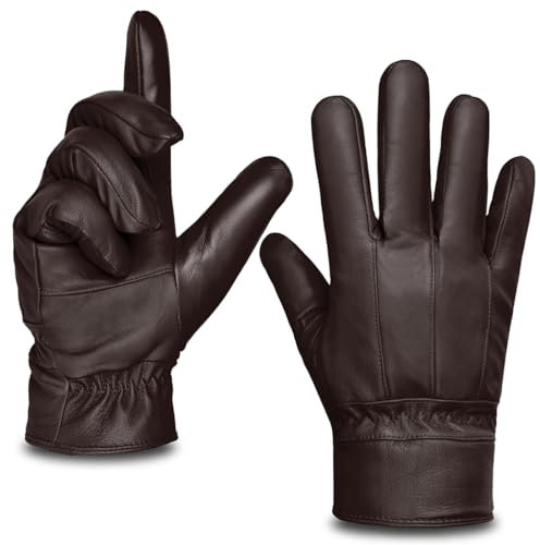 Harssidanzar Herren Lederhandschuhe Lammfell Touchscreen Handschuhe Fell gefüttert Winter Warm Fahren Lederhandschuhe SM043EU,Braun, Größe L