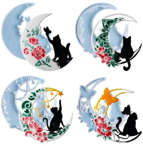 XYQHOAC 4 stampi in silicone a forma di luna a forma di gatto, mezzaluna, grandi stampi in silicone da appendere alla parete, per resina epossidica, fai da te, da appendere alla parete, decorazione