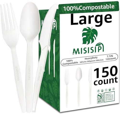 MISISIPI 150Pcs 100% Compostable Utensils Cutlery Biodegradable HeavyDuty No Plastic Utensils Silverware Cutlery Set Eco-Friendly Heavyweight Disposable Utensils Cutlery for Party BBQ Picnic Birthday