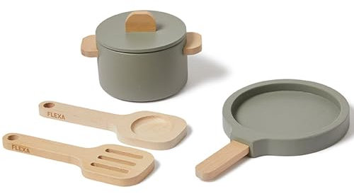 FLEXA Pot & Pan - Children's Kitchen Accessories Wood | Kitchen Accessories Children | Play Kitchen Accessories | Kitchen Toy for Role Play Girls & Boys from 3 Years