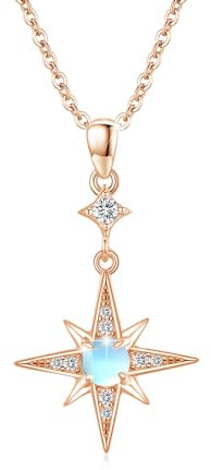 REDSUN Mondstein Halskette 925 Sterling Silber Regenbogen Kette Achtzackige Stern Kette Anhänger Mondstein Schmuck Neujahrs Geschenk für Damen Kinder（Rose Gold）