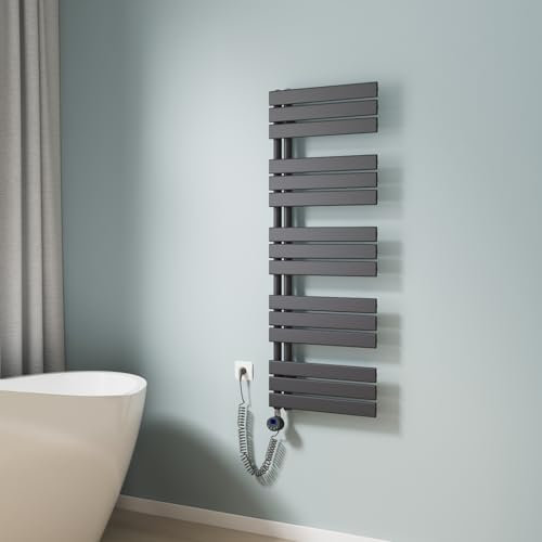 EMKE Badheizkörper Handtuchhalter Elektrisch 1320x500 mm, Handtuchheizkörper Elektrisch mit Thermostat Elektrischer Handtuchwärmer Handtuchtrockner Handtuchheizung mit Heizstab Anthrazit 800W