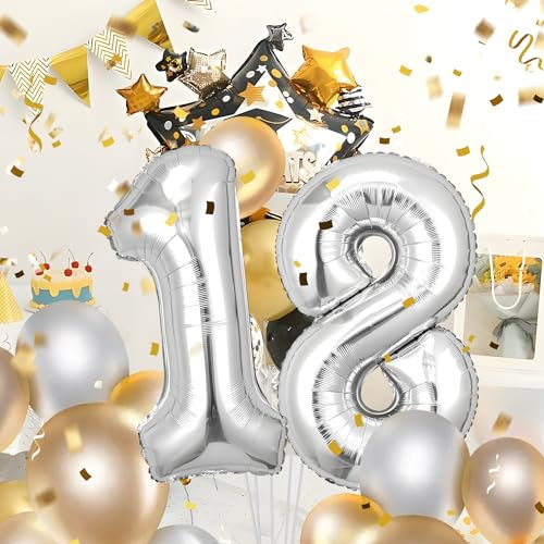 Geburtstag zahlen luftballon 18 jahre | Silber Folienballon 18 XXL -Riesen Folienballon in 40 - 101cm Geburtstagsdeko - Ballon Zahl Deko zum Geburtstag .Fliegt mit Helium