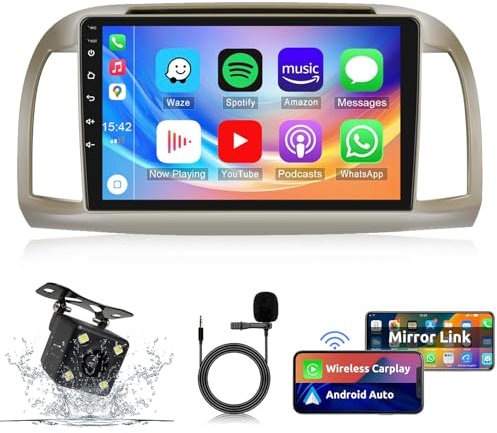 HXSQcar 4-Core 5G-WiFi [4G+64G] Android 13 Car Radio with Sat Nav for Ni-ssan Micra 3 K12 2002-2009, Double DIN Car Radio with Carplay Android Car, 9 Inch Screen RDS/FM and USB+Reversing Camera