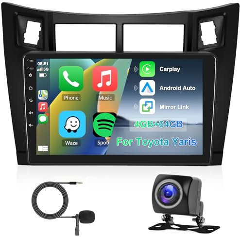 Hodozzy 8 Core 4GB+64GB Android Radio para Toyota Yaris 2005-2011,9 Pulgadas Pantalla Táctil GPS Carplay Android Auto, Radio 2 DIN Bluetooth DSP WiFi FM RDS Cámara Pantalla para Toyota Yaris