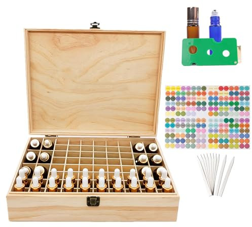 AMZTEMU Coffret huiles essentielles, Boite rangement huiles essentielles, Support de stockage d'huiles essentielles en bois, 68 flacons avec ouvre-huile, autocollants, papier test pour parfum