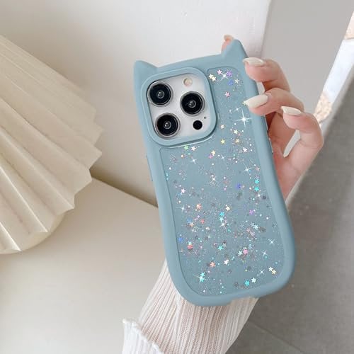 UEEBAI Case for iPhone 15 Pro Max 6.7 inch, Cute Glitter Bling Shine Candy Color Cat Shape Soft TPU Phone Case, Shockproof Silicone Slim Pretty Case Protective Non-yellowing Cover,Blue