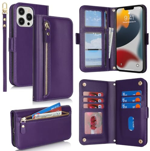 SailorTech for iPhone 13 Pro Max Phone Case Wallet with Card Holder for Women, iPhone 13 Pro Max Wallet Case with Credit Card Slots Flip Case Zipper Shockproof Case for Men - Purple