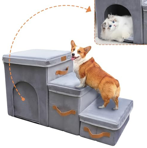 AMFIYQ 17 H Dog Stairs for High Beds Up to 25 H - Pet Steps for Small Medium or Large Dogs, Foldable Cat Stairs with Storage & Condo, 3-Step Pet Stairs for Couch & Window Sill, Hold Up to 120Lbs