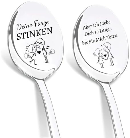 DIKARYA Hochzeitsgeschenke für Brautpaar, 2er Kaffeelöffel mit Gravur für Frau - Deine Fürze Stinken, Furzen Büro Becher Geschenk, Liebeslöffel Jahrestag Geschenk für Sie und Ihn Frauen Partner Paare