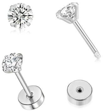 VDKIDKT Tiny CZ Screw Flat Back Stud Earrings for Women Men, Hypoallergenic Small Flat Back Stud for Helix Cartilage Tragus Earlobe Piercing Jewelry (Silver 2mm, Diamond CZ)