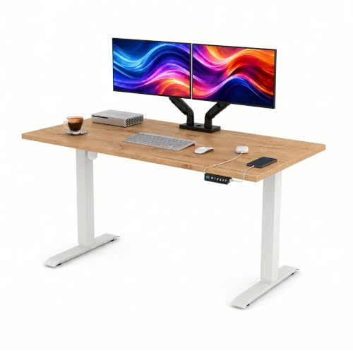 POKAR Höhenverstellbarer Schreibtisch Elektrisch 140x80 cm | Massive 25mm Platte | Memory-Panel mit USB-C und USB-A | Steh-Sitz-Tisch für Home Office | Gestell Weiß, Platte Golden Craft Eiche