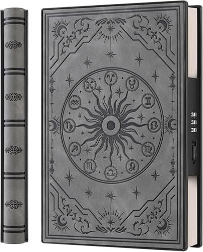 A5 Tagebuch mit Zahlenschloss und 180° Liegeflach, aus weichem PU-Leder mit geprägtem Sternzeichen-Design – Ideal für Erwachsene, Frauen, Männer und Teenager, für mehr Privatsphäre – Grau