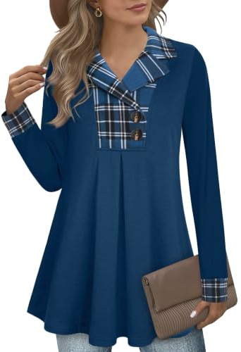 GUUKA Maglione da donna casual a maniche lunghe con scollo a V, tunica svasata a pieghe, maglione autunnale da donna UK