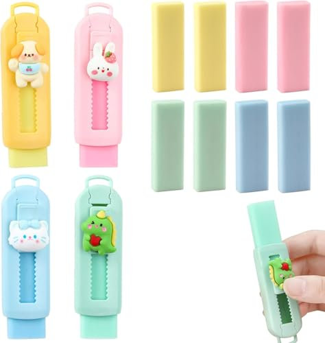 12 Stück Radiergummi Set,BetterJonny Einziehbarer Radiergummi für Schule Zuhause Büro (Hellgrün+Rosa+Blau+Gelb)