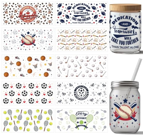 arricraft 10 Pcs Sports Theme UV DTF Cup Wrap Transfer Sticker, 10 Styles Baseball Football Basketball Transfer Paper Rub on Stickers PVC Cup Wrap Waterproof Rub Decals for Cup Glass