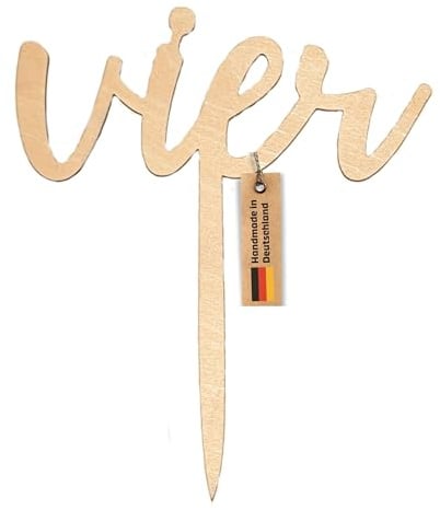 WAIKUA ® VIER Handmade Kuchentopper Cake Topper Geburtstag Dekoration aus unbehandeltem Holz für 4.Geburtstag - Tortendeko Holz Deko Zahl Happy Birthday 4 VierJahre Junge Mädchen (Vier)
