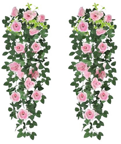 CHAOTEMAI 2 Piezas Plantas Artificiales Decorativas 85cm Rosas Artificiales Flores Artificiales Plantas Artificiales Colgantes Plantas Decoracion Hanging Plants Flores Realistas (Rosa)