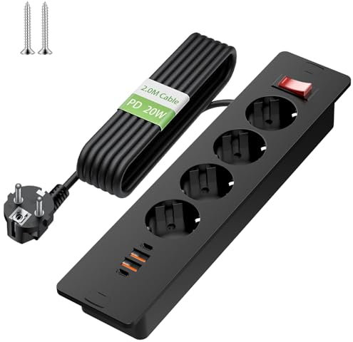 Tischsteckdose Versenkbare Steckdose 4 Fach USB C PD 20W, Steckdosenleiste mit USB, Einbausteckdose, Tischsteckdose USB C Schwarz mit Schalter- 2M Kabel