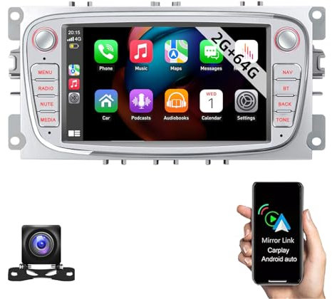 ESSGOO 2+64G Android 14 Drahtloses Carplay und Android Auto Autoradio Für Ford Focus S/C-Max Mondeo MK4 Galaxy, 7 Zoll Touchscreen mit Bluetooth FM RDS GPS USB WiFi-Silber+ AHD Camera