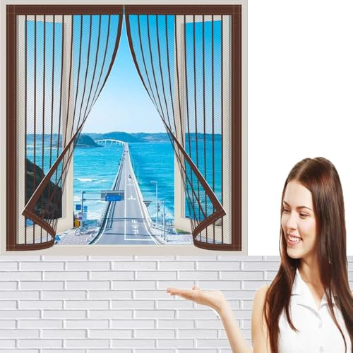 Moustiquaire Fenêtre 120 x 119 cm Lavable & Indéchirable Rideau de Porte Anti-Insectes Fermeture Automatique pour Fenêtres et Portes, ‎Marron