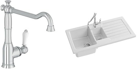 Jacob Delafon, Mitigeur d'Évier De Cuisine Louise, Design Rétro, Poignée Céramique, Finition Chrome + Évier à Encastrer 1 Bac et Demi Gaspard, Bundle Pratique et Élégant Pour Votre Cuisine