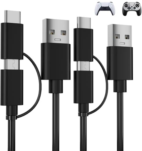 Lot de 2 câbles de charge USB C/Micro 2 en 1 compatibles avec manette PS5/PS4, transmission de données de charge de 1,8 m, câble de charge USB de type C compatible avec les manettes PS5 Dual Sense