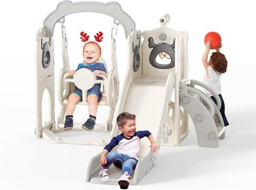 Kinderrutsche, große Kleinkind Rutsche mit Basketballkorb,Klettergerüst für den Garten, Teleskop, Stauraum, für 1-3 Jahre,extra Lange 1700 mm (((6-in-1 Elchrutsche + Schaukel - beigegrau -)))