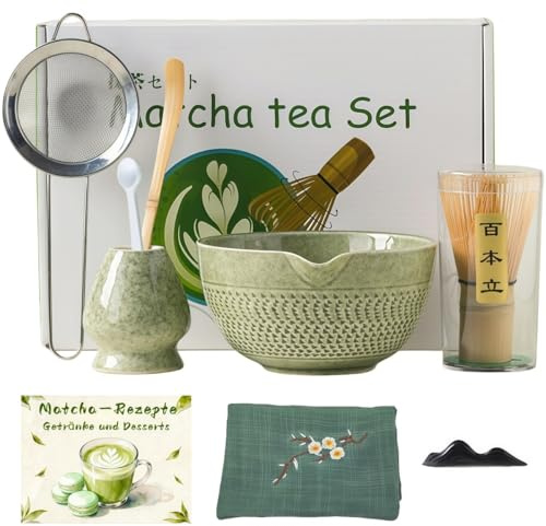 Matcha Set Grün mit 9 Zubehörteilen | Inklusive Rezepten für Gebäck & Getränke mit Präzisionsmesslöffel | Handgefertigtes Matcha Set aus Keramik aus dem Osten - Growzelt
