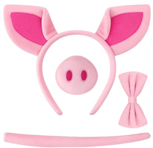 Qnvyw Schwein Kostüm, 4-teiliges Set mit Haarreif, Nase, Schwanz und Fliege, Ideal für Fasching und Kostümfeste, Maße 27 x 17 x 2 cm