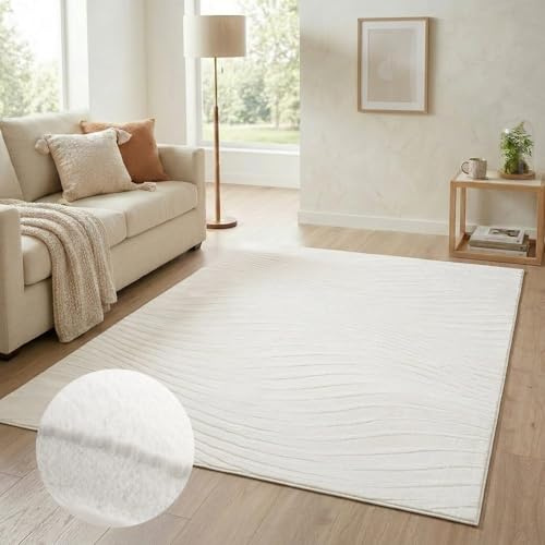 carpet city Teppich Wohnzimmer Kurzflor - 160x230 cm in Weiß/Ivory - Modernes Wellen-Muster in 3D-Optik - Weich & Soft-Touch Haptik - Pflegeleichte Teppiche für Schlafzimmer & Flur