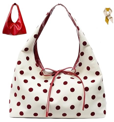 Polka Dot Tote Bag for Women,Slouchy Soft Bow Tie Hobo Bags,Large Capacity Travel Underarm Top-Handle Shoulder Handbag (Red)